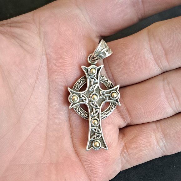 Designer Keith Jack Sterling Silver & 18k Ornate Celtic Cross - Picture 1 of 4